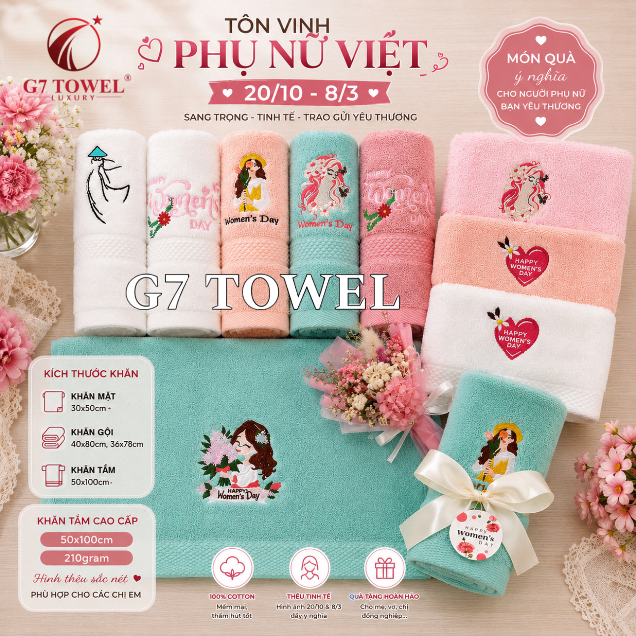 Khăn tắm, gội, mặt G7 Towel thêu logo chủ đề 20/10, 08/03 - Món quà ý nghĩa dành tặng những người phụ nữ thân yêu