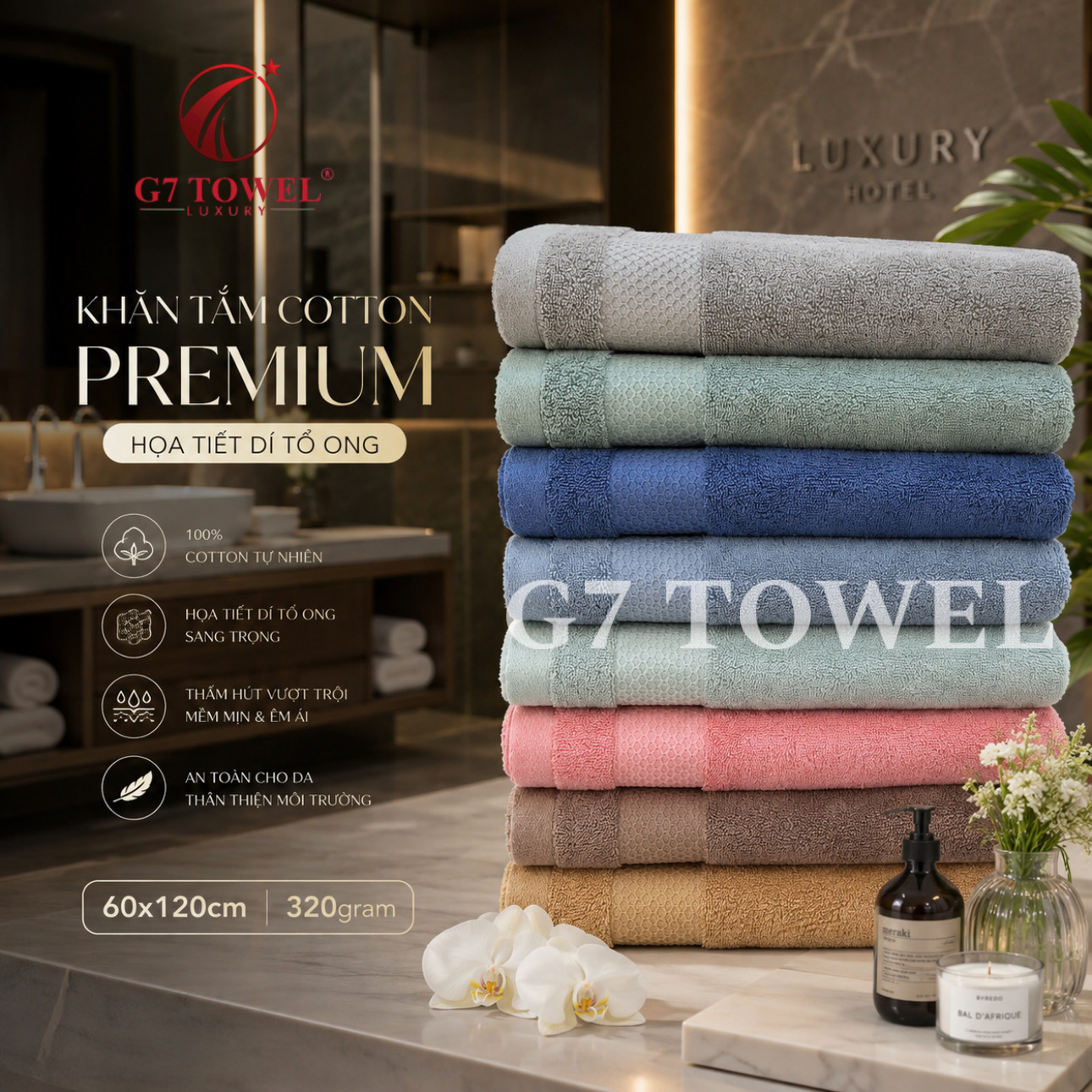 Khăn Tắm Cotton Cao Cấp G7 TOWEL- BT05, kích thứớc 60x120cm – Thấm Hút Tốt, Mềm Mại Tự Nhiên