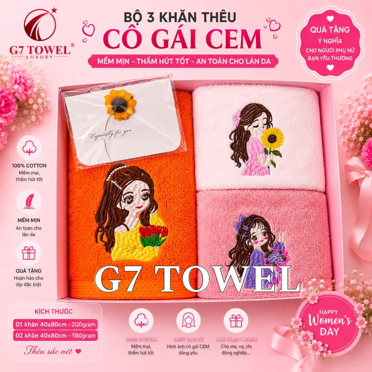 Bộ 3 Khăn Thêu Cô Gái CEM –Món Quà Tặng  20/10, 8/3 Ý Nghĩa, Tinh Tế