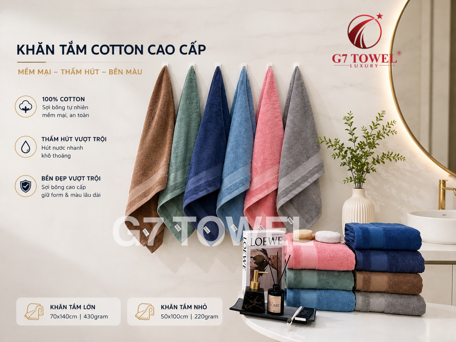 Khăn tắm cotton G7-BT05 70x140; trọng lượng 430gram; 100% cotton siêu thấm hút, an toàn cho da