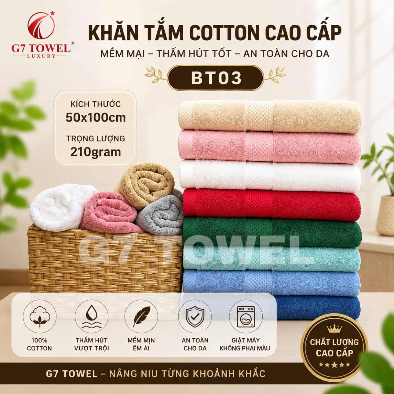 Khăn tắm cotton G7-BT03 50x100cm; trọng lượng 210gram; 100% cotton siêu thấm hút, an toàn cho da