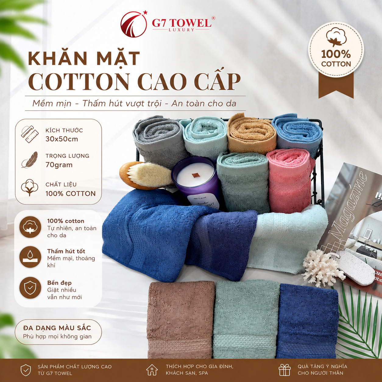 Khăn mặt cotton cao cấp G7-HL08 kích thước 30x50cm, 70gram (Sao chép)