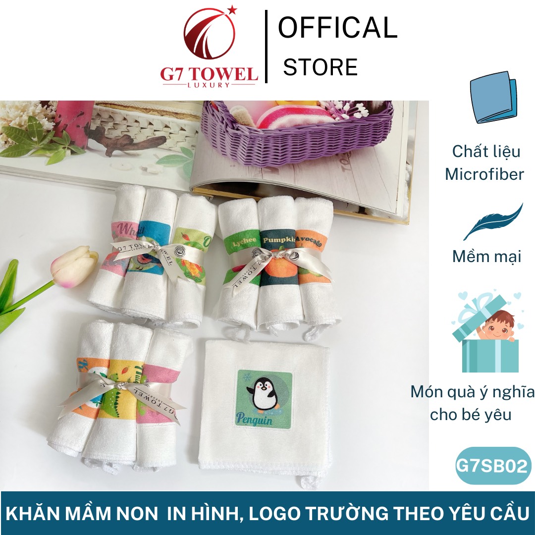 Khăn mầm non, khăn mặt, khăn tay G7SB01, cho bé in hình ngộ nghĩnh, chất liệu cotton, microfiber thấm hút tốt