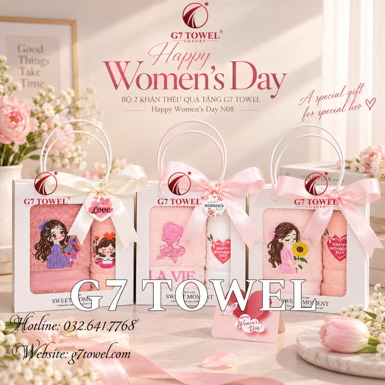 Bộ 2 khăn thêu quà tặng Happy Women’ s Day N07