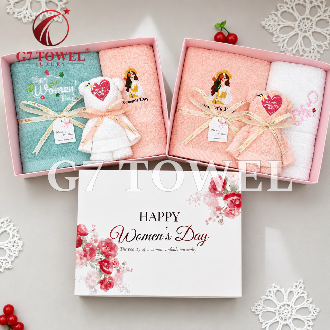 BỘ 3 KHĂN THÊU GẤP GẤU G7 TOWEL – HAPPY WOMEN’S DAY N03