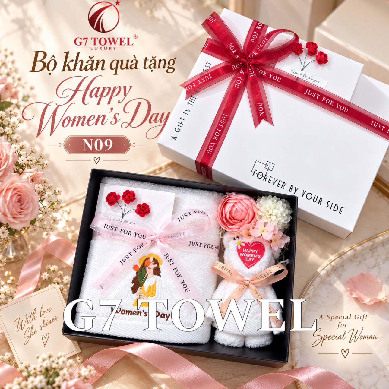 Bộ 2 khăn gấp gấu dễ thương G7 TOWEL – Happy Women’s Day N09